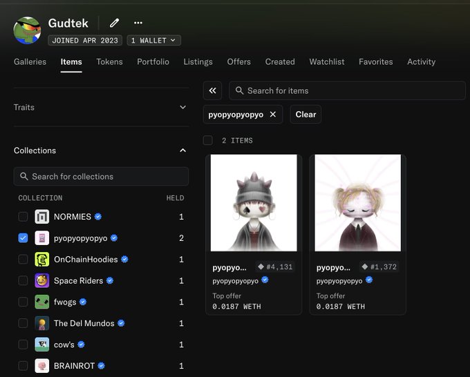 A profile page for user 'Gudtek' on an NFT marketplace showing two items from the 'pyopyopyopyo' collection, each with a top offer of 0.0187 WETH.