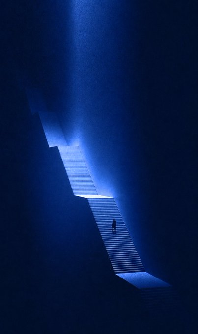 A lone silhouette stands on a luminous staircase ascending through deep blue shadows, bathed in a single shaft of light from above—visually embodying the idea that clarity of purpose turns each step into a deliberate choice.