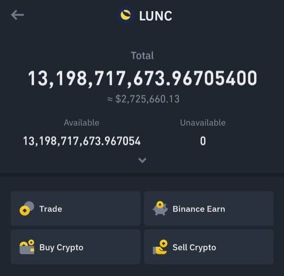 A Binance wallet screenshot shows a LUNC (Terra Classic) total balance of 13,198,717,673.96705400 tokens (approximately $2,725,660.13) with 0 unavailable. The image is being used as supposed "proof" in a classic crypto giveaway scam, where scammers promise free LUNC tokens in exchange for following accounts and sharing wallet addresses.
