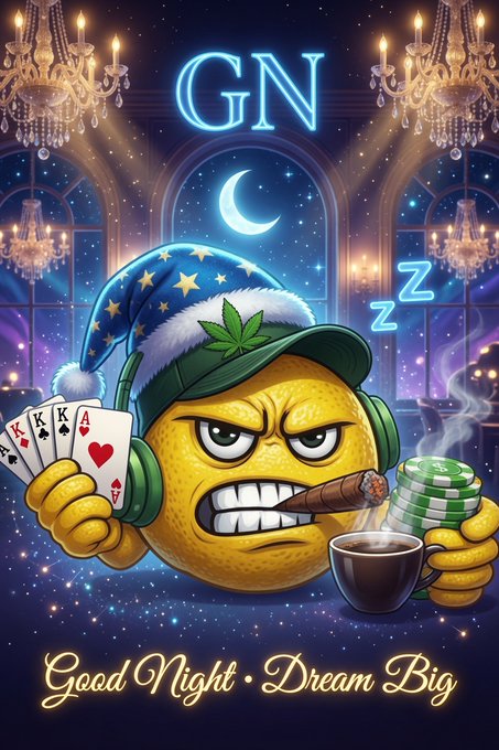 A digital illustration of an angry anthropomorphic citrus character wearing a star-patterned sleep cap, holding playing cards and a cigar, with a coffee cup and poker chips; text reads 'GN' and 'Good Night • Dream Big'.