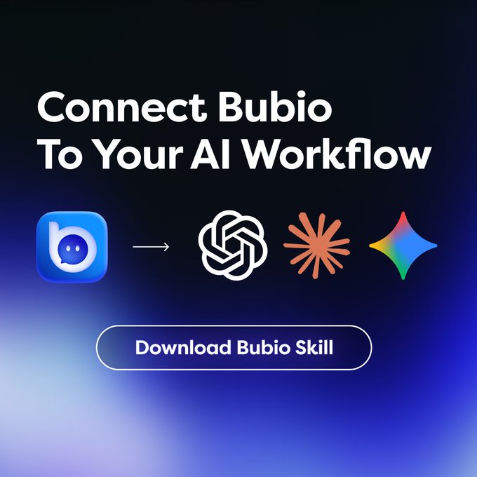 A promotional graphic reads "Connect Bubio To Your AI Workflow" with a "Download Bubio Skill" button, displaying the Bubio logo alongside icons for ChatGPT, Claude, and Google's Gemini to illustrate integrations with major AI platforms.