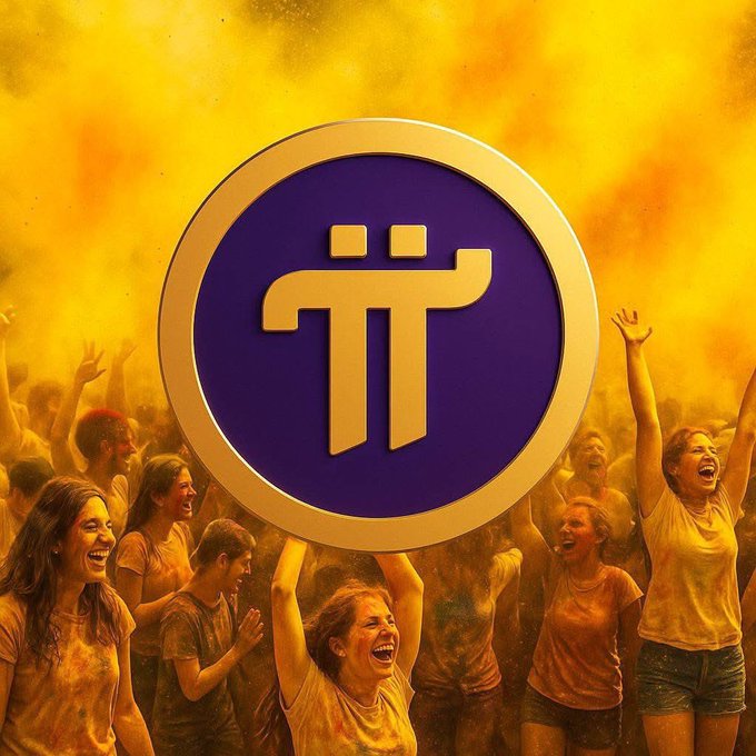 A purple and gold Pi Network (Pi) cryptocurrency logo displayed prominently against a vibrant orange background, with a joyful crowd of people celebrating and cheering below.