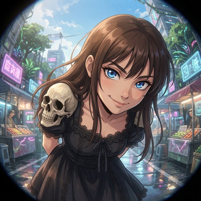 The image features a girl with long brown hair wearing a black dress, standing next to a skull that she has placed on her shoulder. The background of the image shows an urban setting with neon lights and buildings, suggesting that they are in a city or town center. There is also text present in the image, which reads "Knock knock! Best collab this year @0xAlphaGEMs Can’t wait!".