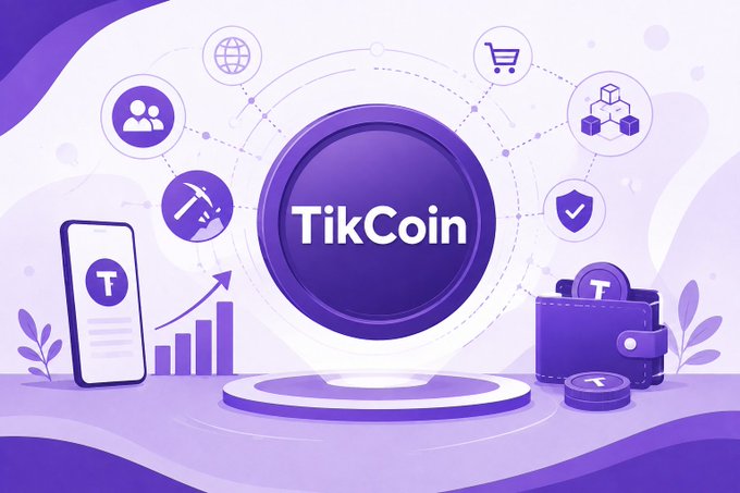 A purple-themed promotional graphic features a central circular badge labeled 'TikCoin' surrounded by icons representing shopping, mining, security, and global connectivity, with a smartphone and wallet displaying the 'T' logo on either side.