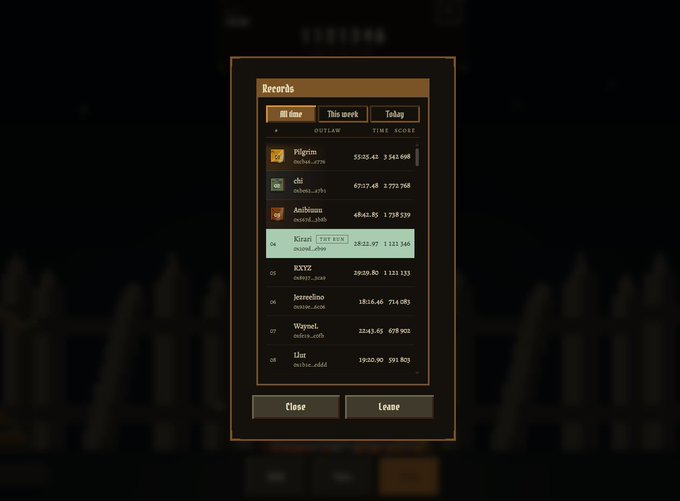 The "Records" screen displays a leaderboard with "Pilgrim," "chi," "Amihom," and a highlighted "Kirari" (marked "TRY AGAIN") at the top, followed by players like "RXYZ," "jerredino," "WyncI," and "llut" ranked 04-08, showing outplays, and time scores with milliseconds — fitting the "WL secured" (win/loss secured) bragging rights context.