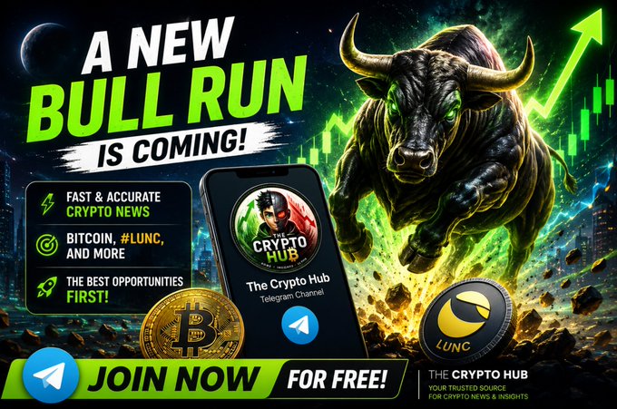 Promotional graphic for 'The Crypto Hub' Telegram channel featuring a charging bull, with text 'A NEW BULL RUN IS COMING!', 'FAST & ACCURATE CRYPTO NEWS', 'BITCOIN, #LUNC, AND MORE', and 'JOIN NOW FOR FREE!'