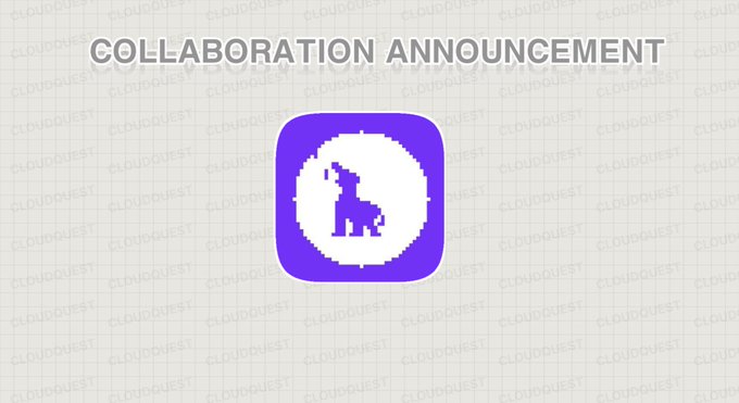 A collaboration announcement graphic featuring a purple app icon with a pixelated dog silhouette and the text "COLLABORATION ANNOUNCEMENT," promoting the new Ink Dogs NFT project (@InkDogsNFT) on Ink Chain in partnership with Cloud Quest.