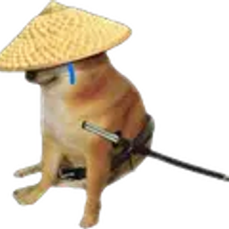 A small dog dressed in a samurai outfit, complete with a straw hat and a sword attached to its back.