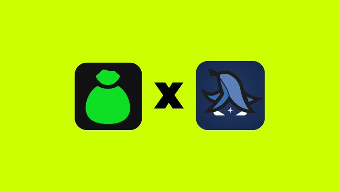A graphic with a yellow-green background displays two app icons: a green money bag with an "x" and a blue penguin (RocketHub's logo) alongside a black "X" separator. The image promotes the integration of Bags coins on the BasedBot platform for trading on RocketHub.