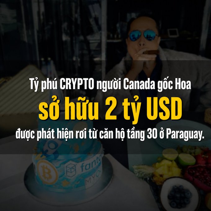 Vietnamese news graphic about a Canadian-Chinese crypto billionaire with text 'sở hữu 2 tỷ USD', showing a man in sunglasses drinking from a bottle behind a Bitcoin-themed cake.