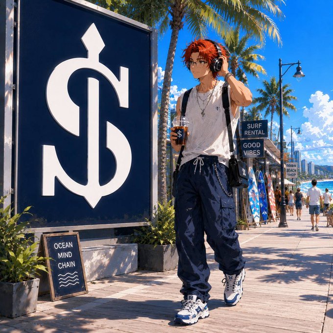 An anime-style illustration depicts a red-haired young man wearing headphones, a white tank top, and baggy cargo pants holding a drink, standing on a boardwalk with a large dollar sign sign reading 'OCEAN MIND CHAIN' and a 'SURF RENTAL' shop in the background.