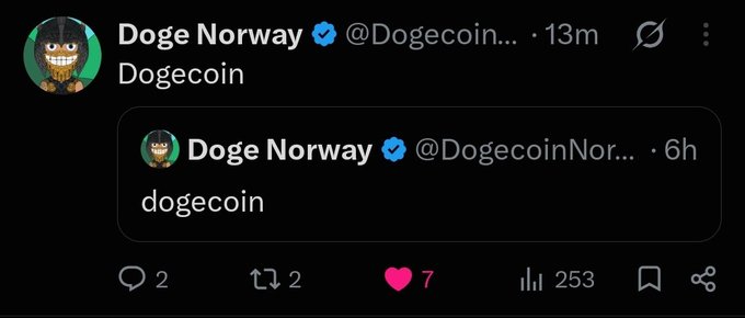 A screenshot of a tweet from the verified account 'Doge Norway' (@DogecoinNor...) quoting an earlier tweet simply saying 'dogecoin', showing 7 likes and 253 views.