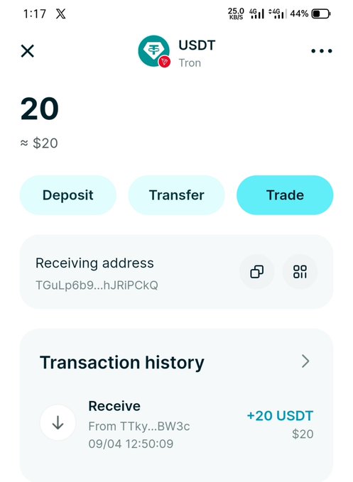 Screenshot of a crypto wallet showing a balance of 20 USDT (≈ $20) on the Tron network, with transaction history indicating a received payment of +20 USDT from TTky...BW3c on 09/04 at 12:50:09.
