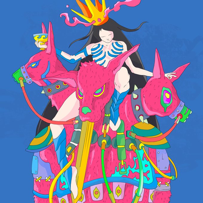 A vibrant, stylized digital illustration depicts a crowned, pale-skinned figure with long black hair and a blue skeletal ribcage design riding atop a three-headed pink canine creature, with the heads featuring piercing green and purple eyes.