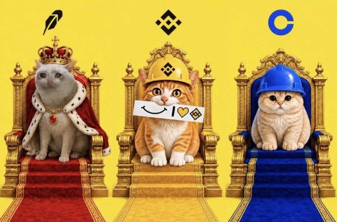 Three cats sit on golden thrones against a yellow background, each wearing royal accessories representing their respective blockchain: a crowned cat in royal robes with a $BNB pennant, an orange cat in a yellow hard hat with a Binance logo, and a kitten in a blue hard hat with a Coinbase logo. The image illustrates the post's point about BNB being the only major chain without a mascot cat, alongside $CASHCAT (Bitcoin) and $BASECAT (Coinbase), positioning $BNBcat as BNB's potential feline representative.