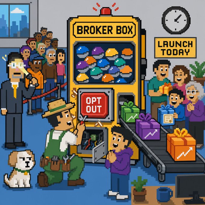 A pixel-art scene depicts a 'BROKER BOX' machine with an 'OPT OUT' button and a 'LAUNCH TODAY' sign, where a person in a green vest works on the machine while people in line receive gifts on a conveyor belt.