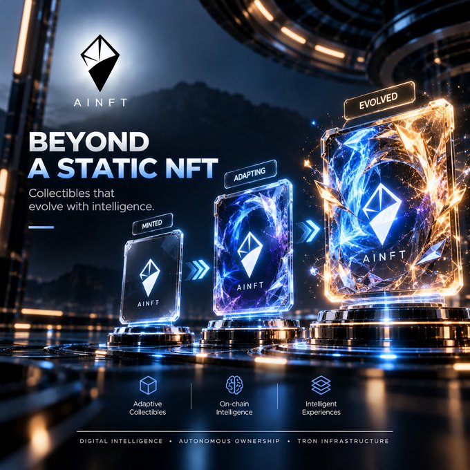 An 'AINFT' promotional image titled 'BEYOND A STATIC NFT' showing a three-stage evolution of collectibles from 'MINTED' to 'ADAPTING' to 'EVOLVED' on display pedestals.