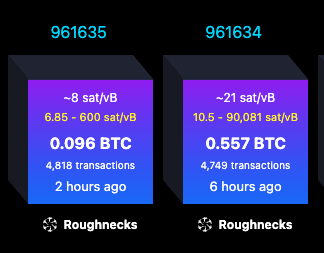 Two 3D block graphics display Bitcoin mining statistics with block heights 961635 and 961634, showing details like sat/vB, BTC rewards (0.096 BTC and 0.557 BTC), transaction counts (4,818 and 4,749), and time stamps for the Roughnecks mining pool.