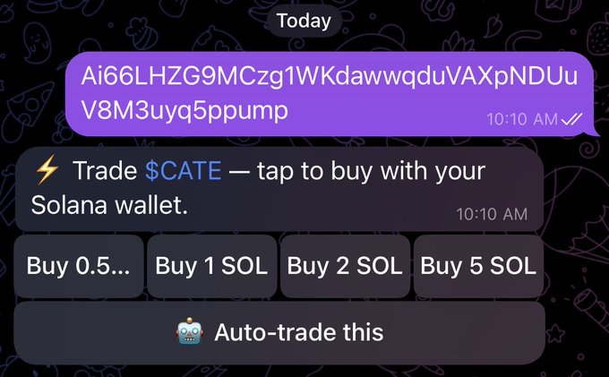 A Telegram bot interface displays a cryptocurrency contract address "Ai66LHZG9MCzg1WKdawwqduVAXpNDUuV8M3uyq5ppump" alongside a prompt to "Trade $CATE" using a Solana wallet with various purchase options.