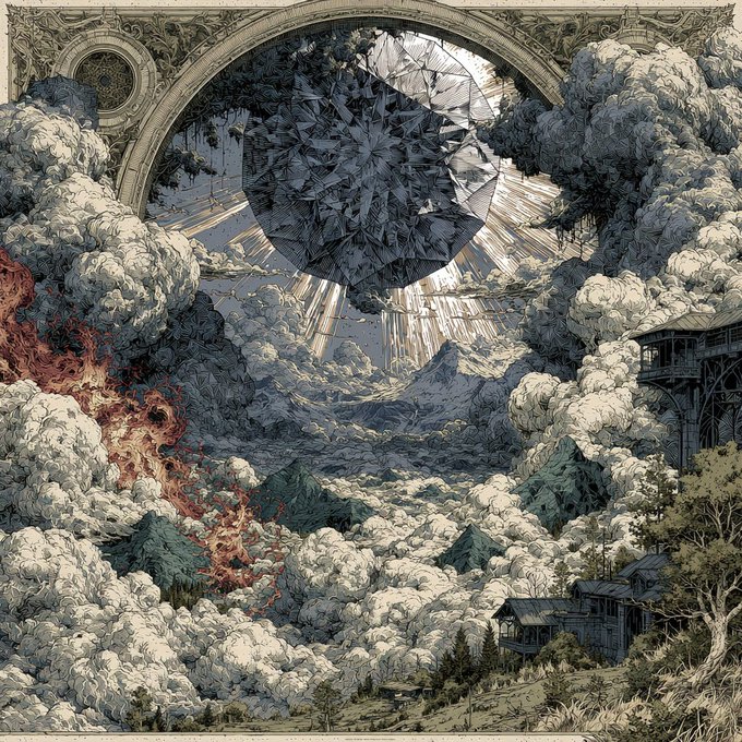 A detailed fantasy illustration depicting a massive floating crystalline sphere above a surreal landscape of clouds, mountains, and an ancient archway with flames on the left.