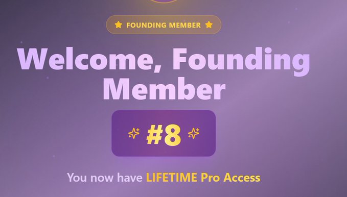The image features a purple background with white text that reads "Welcome, Founding Member #8". Below this, there are stars arranged in a row, indicating that the user has reached a milestone or achieved something significant within the community. The image also includes a caption that says "You now have Lifetime Pro Access", suggesting that the user is gaining access to premium content or features related to the cryptocurrency world.