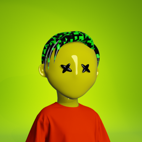 A 3D rendered yellow-skinned character wearing a red shirt against a bright green background, featuring black X's for eyes, an exclamation mark on the face, and green pixelated patterns on the head.