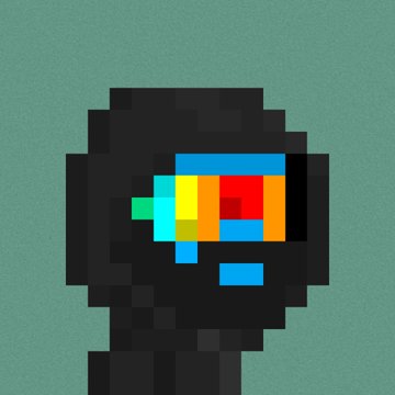 A pixelated figure with a dark silhouette and a head composed of colorful geometric blocks (red, blue, yellow, orange, cyan) against a teal background.