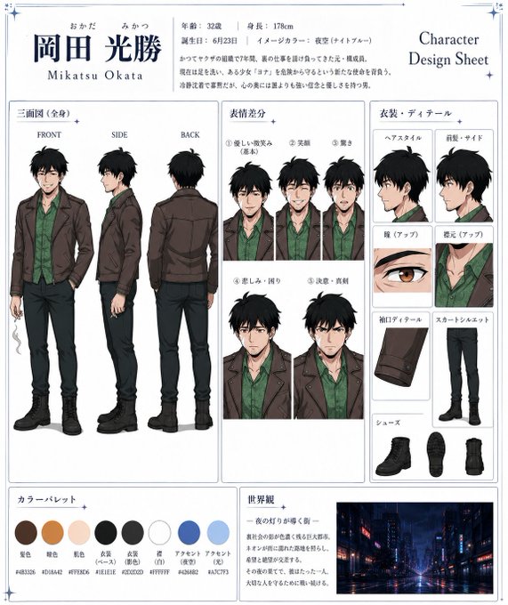 A Japanese character design sheet for 'Mikatsu Okata' (岡田光勝), a 32-year-old, 178cm man, displaying front, side, and back views, various facial expressions, clothing and shoe details, a color palette, and a world view description.