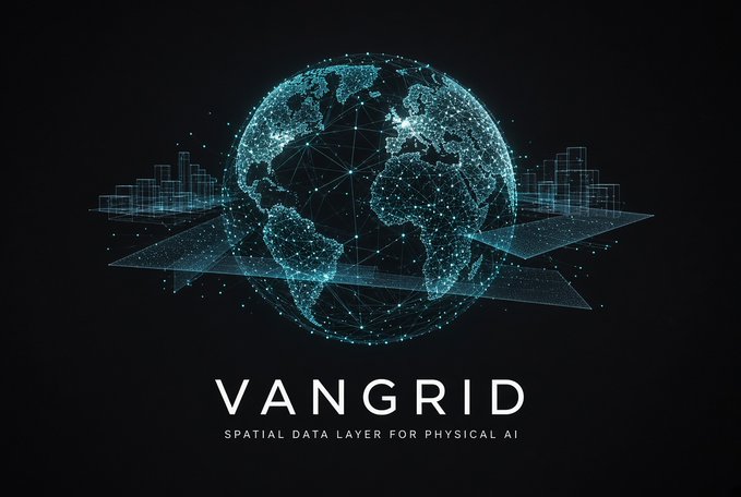 A digital graphic showing a glowing blue wireframe globe with the text 'VANGRID' and 'SPATIAL DATA LAYER FOR PHYSICAL AI' below it.