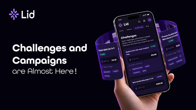 A promotional graphic for 'Lid' announcing that 'Challenges and Campaigns are Almost Here!' displays a smartphone showing the app interface.