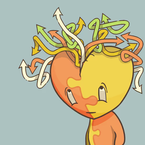 A colorful cartoon character with a flame-patterned head has numerous chaotic arrows of various colors swirling out from its mind against a light blue background.