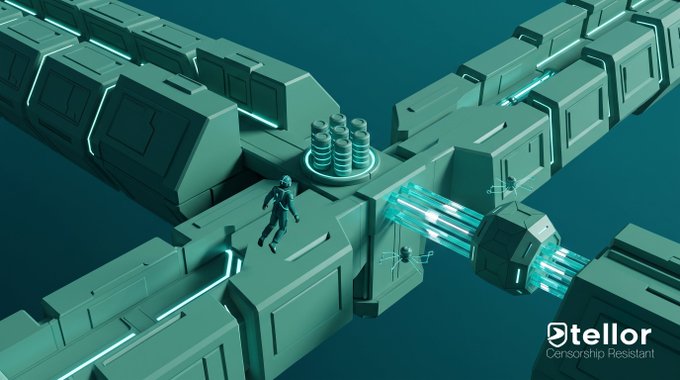 A 3D rendered sci-fi scene shows a small character standing on a futuristic platform next to glowing blue energy conduits, with a 'Tellor Censorship Resistant' logo in the corner.