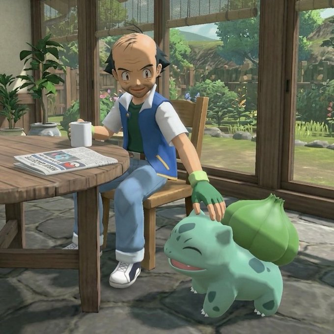 A character from the video game Pokémon (looks like Professor Elm) sitting at a wooden table, petting a Bulbasaur Pokémon.