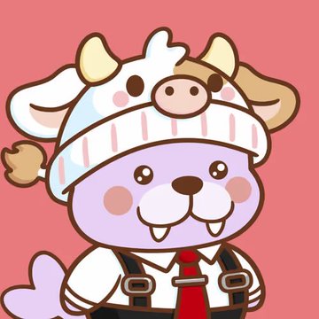 A cartoon illustration of a cute purple character wearing a cow-patterned hat and overalls, holding up a peace sign.