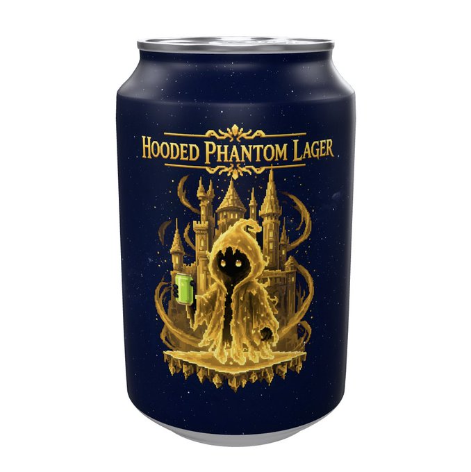 A dark blue beer can labeled 'HOODED PHANTOM LAGER' featuring an illustration of a golden-hooded phantom creature holding a green beer in front of a gothic castle on a floating island.