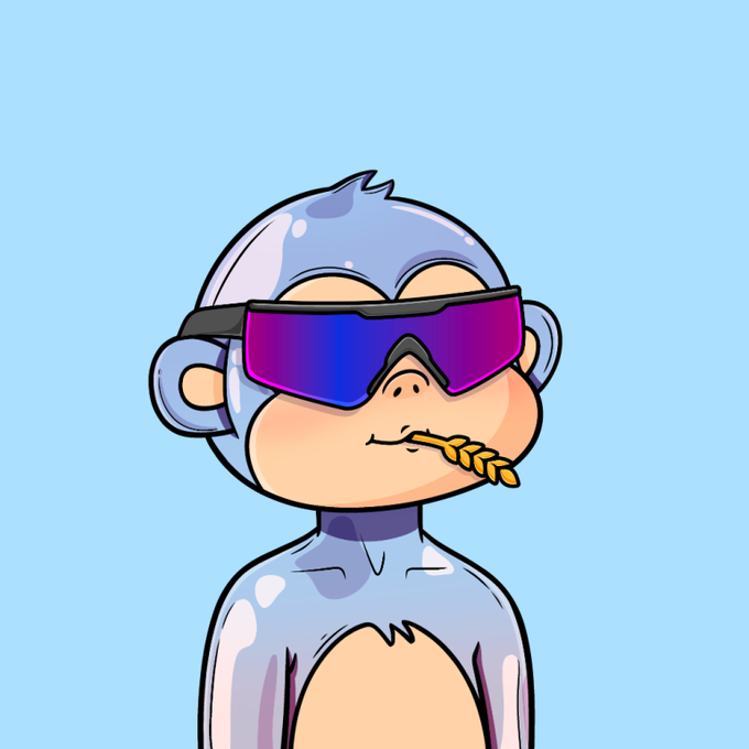 Cartoon illustration of a shiny light-blue/gray monkey character wearing purple gradient ski goggles and holding a wheat stalk in its mouth on a light blue background.