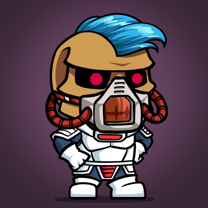 A digital cartoon illustration of a small character with blue hair, glowing red eyes, and a futuristic white and blue armored suit with a breathing apparatus, set against a dark purple background.