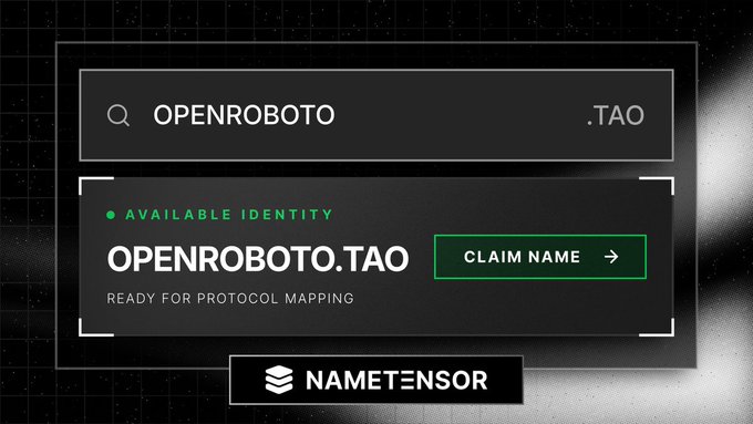 A NameTensor interface showing 'OPENROBOTO.TAO' as an 'AVAILABLE IDENTITY' that is 'READY FOR PROTOCOL MAPPING' with a green 'CLAIM NAME' button.
