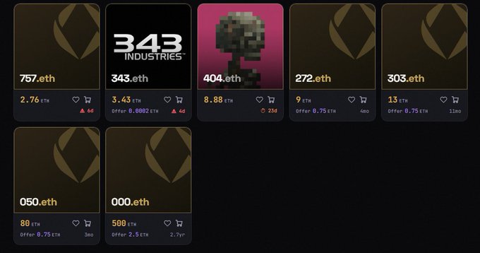 A collection of seven NFT cards displayed on a marketplace, featuring names like 757.eth, 343.eth, 404.eth, 272.eth, 303.eth, 050.eth, and 000.eth, with prices listed in ETH and a 343 Industries logo visible.