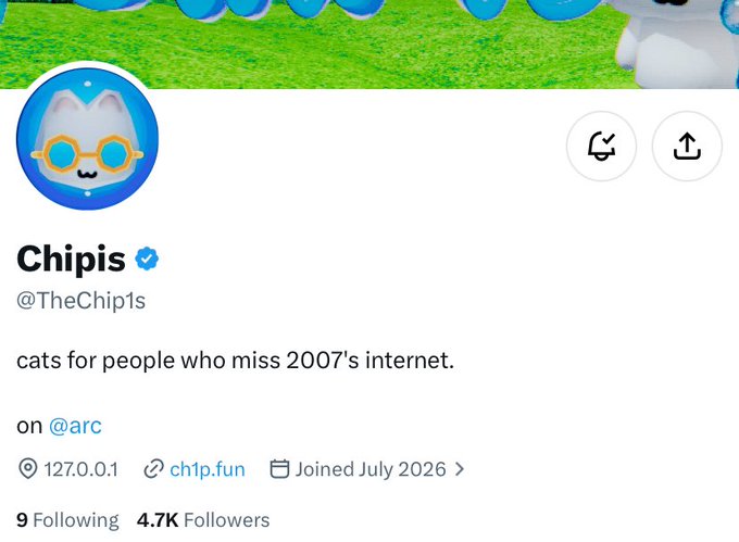A social media profile page for 'Chipis' (@TheChip1s) with a blue cat avatar wearing orange glasses, featuring the bio 'cats for people who miss 2007's internet.' with 4.7K followers, on the Arc platform.