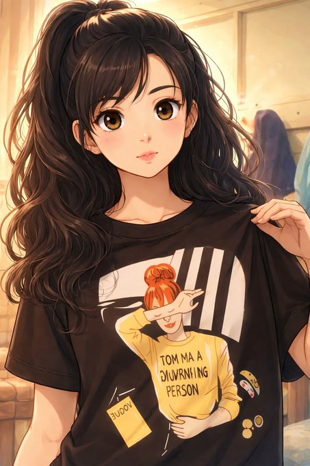 An anime-style illustration of a young woman with long dark hair wearing a black t-shirt featuring a graphic of another character and text reading 'TOM MA A SILVRRYINING PERSON'.
