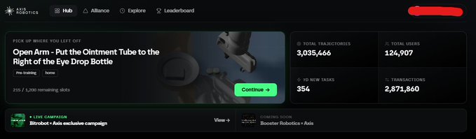 A screenshot of the Axis Robotics Hub dashboard shows a task prompt to "Open Arm - Put the Ointment Tube to the Right of the Eye Drop Bottle," with pre-training and home tags, alongside statistics displaying 3,035,466 total trajectories, 124,907 total users, 354 new tasks, and 2,871,360 transactions. The image relates to the announcement of Axis Robotics removing the invite code requirement for their point farming campaign, giving users easier access to complete these data contribution tasks.