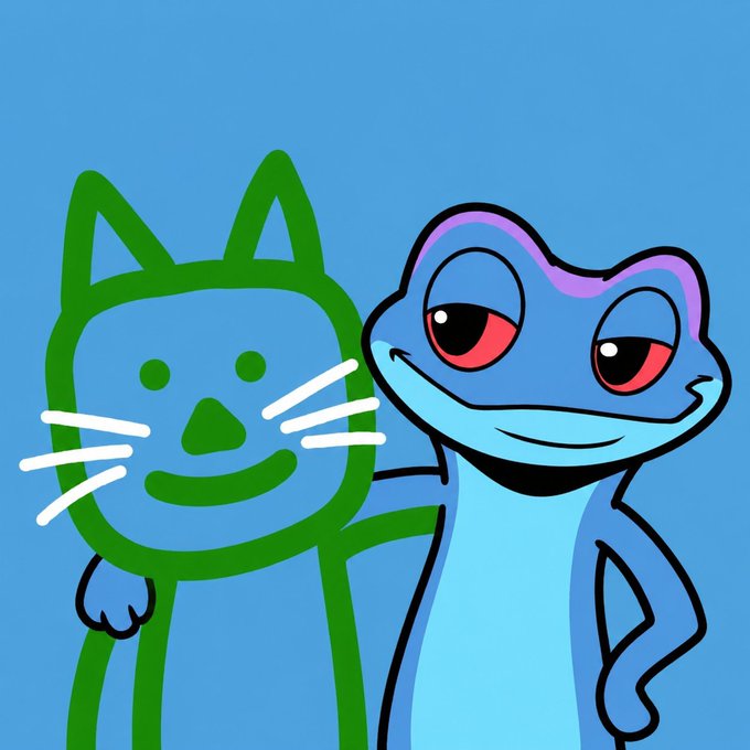 A cartoon illustration featuring a blue cat-like character (resembling the Scratch cat logo) on the left and a blue lizard-like character with pink markings around its eyes on the right against a blue background.