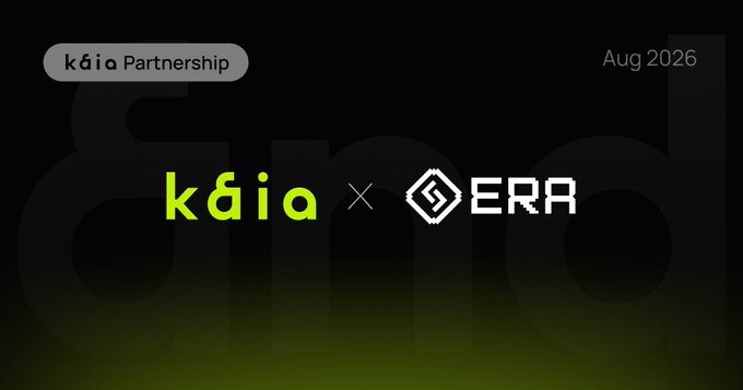 A promotional graphic announcing a partnership between Kaia and ERA, dated Aug 2026.