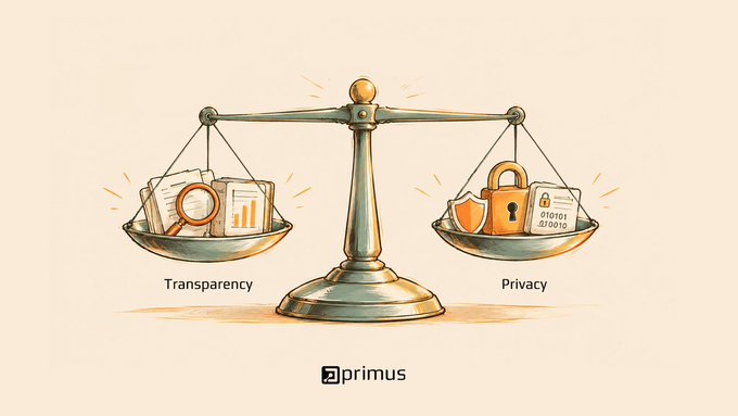 An illustrated balance scale weighing 'Transperversy' (with documents/magnifying glass) against 'Privacy' (with a lock and binary code), branded by 'primus'.