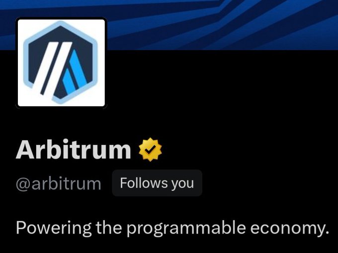 A screenshot of Arbitrum's verified Twitter/X profile (@arbitrum) with the tagline "Powering the programmable economy," reflecting the user's excitement about receiving a follow-back from the official Arbitrum account.