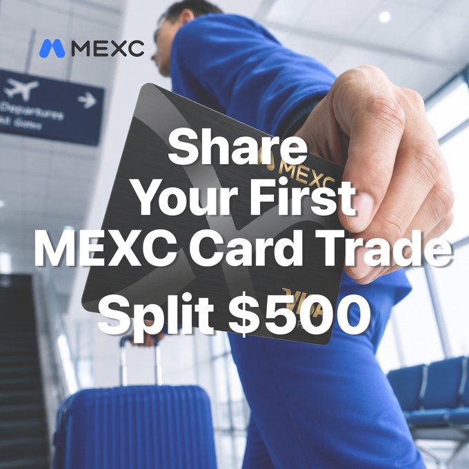 A person in a blue outfit holds a MEXC branded card in an airport setting, with a blue suitcase visible below and the MEXC logo in the top left corner. The bold white overlay text promotes "Share Your First MEXC Card Trade, Split $500," inviting card holders to comment with their UID and first trade for a chance to win a share of the prize pool.