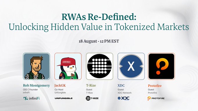 A promotional graphic for 'RWAs Re-Defined: Unlocking Hidden Value in Tokenized Markets' on 18 August at 12 PM EST, featuring speakers Rob Montgomery (CEO/Founder, infinifi), JackGK (Co-Host, Unfungible), T-Rrize (Guest, T-Rrize), XDC (Guest, XDC Network), and Protofire (Guest, Protofire).