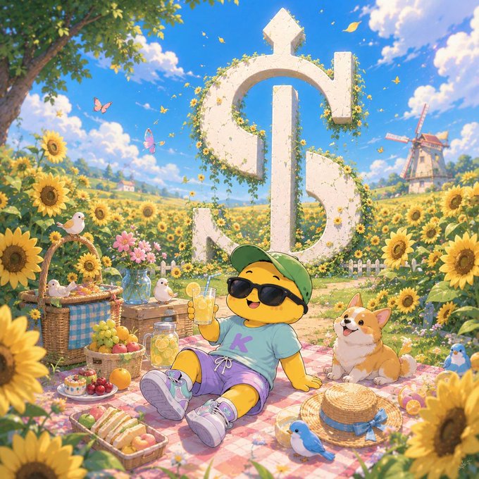 An illustrated scene of a yellow character wearing a green cap, sunglasses, and a 'K' shirt having a picnic with a Corgi in a sunflower field, with a BNB logo in the background.
