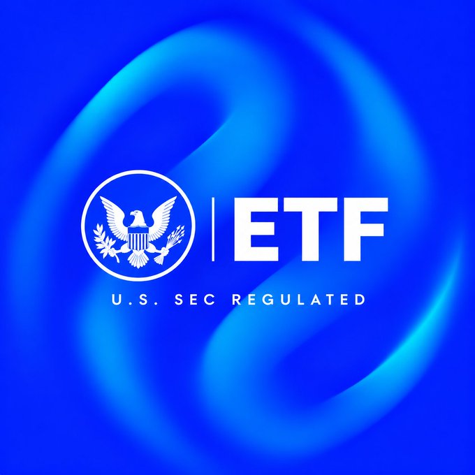 A graphic with a blue swirled background displaying a circular seal with an eagle and the text "U.S. SEC REGULATED" next to the large letters "ETF."